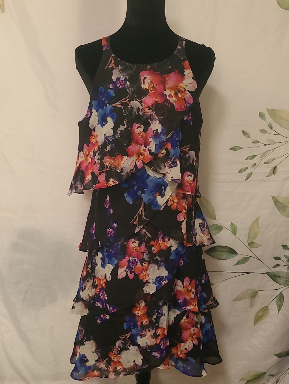 Floral Tiered Black Sleeveless Dress